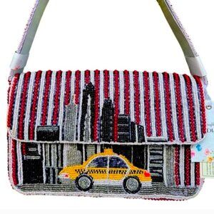 MADE IN INDIA NYC TAXI CAB AND CITYSCAPE BEADED HANDBAG NWT